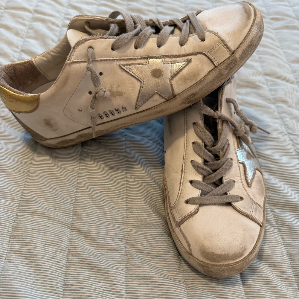 Golden Goose Superstar Sneakers in White and Gold